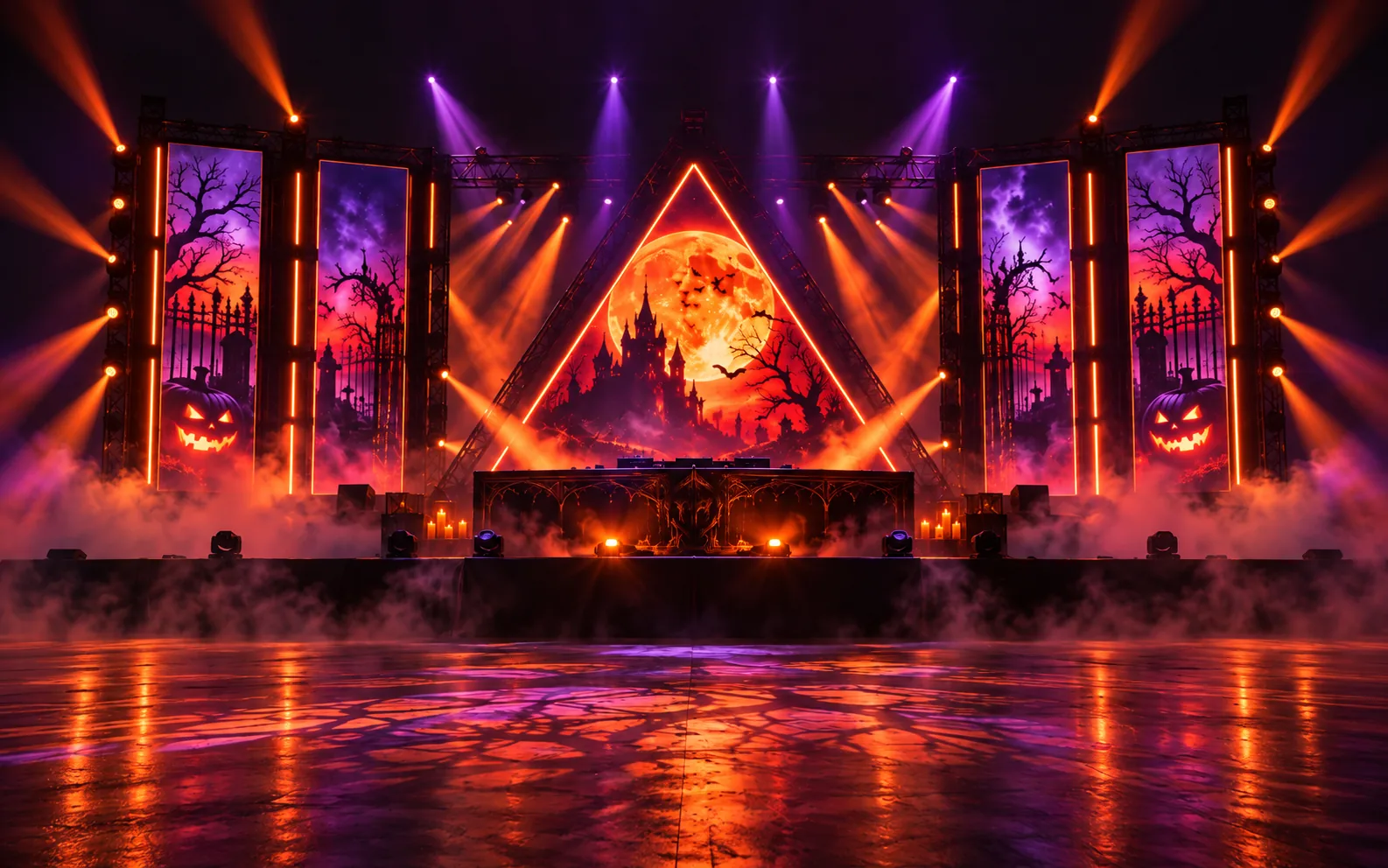 Palco de O Ritual: lua cheia sob um triângulo de luz, painéis com abóboras e árvores, fumaça e luzes roxas e laranja